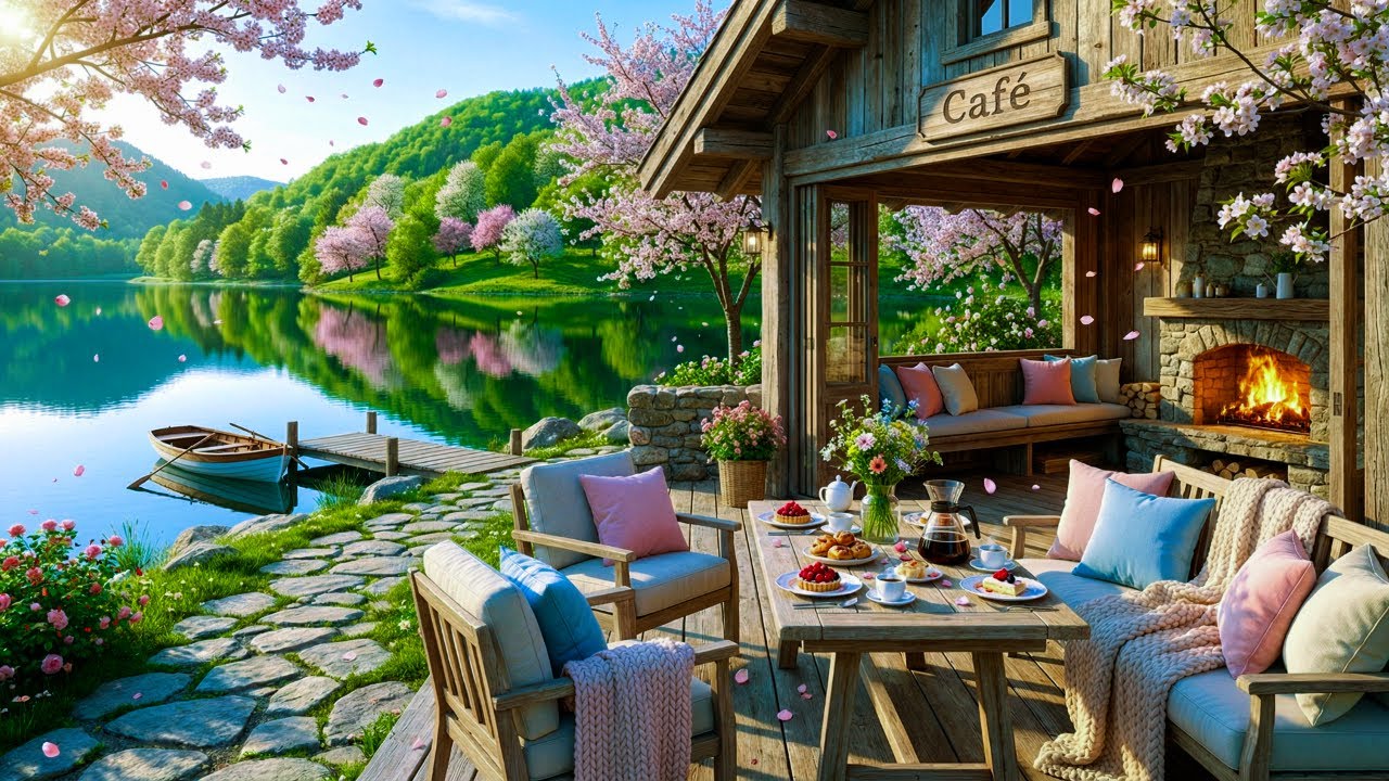 Peaceful Spring Day at Outdoor Coffee Shop Ambience with Smooth Jazz Piano for Deep Focus