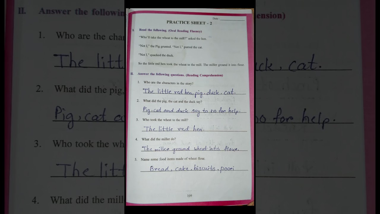 English FLN 3rd class 5th lesson The little red hen worksheets 1-15, Practice sheet 1-3 answers 
