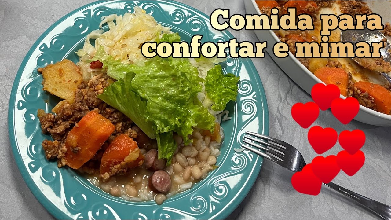 Janta p/ confortar. Carne moída com batata e cenoura. Feijão com linguiça e tomate