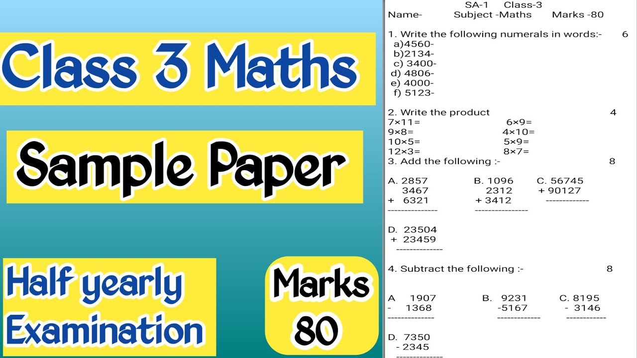 Class 3 Maths Sample Paper |Revision Worksheet for Half yearly Examination | Class 3  Maths