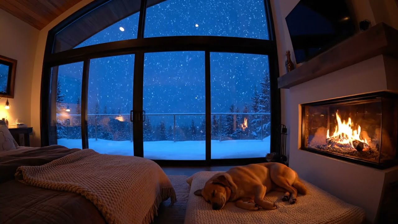 Peaceful Snowy Night Bedroom ❄️ | Fireplace & Sleeping Dog (1 Hour)