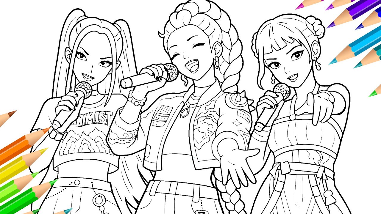 Раскраски по мотивам аниме «Охотники на демонов» в стиле K-pop / Idol Blade Unit / Руми, Мира и З...