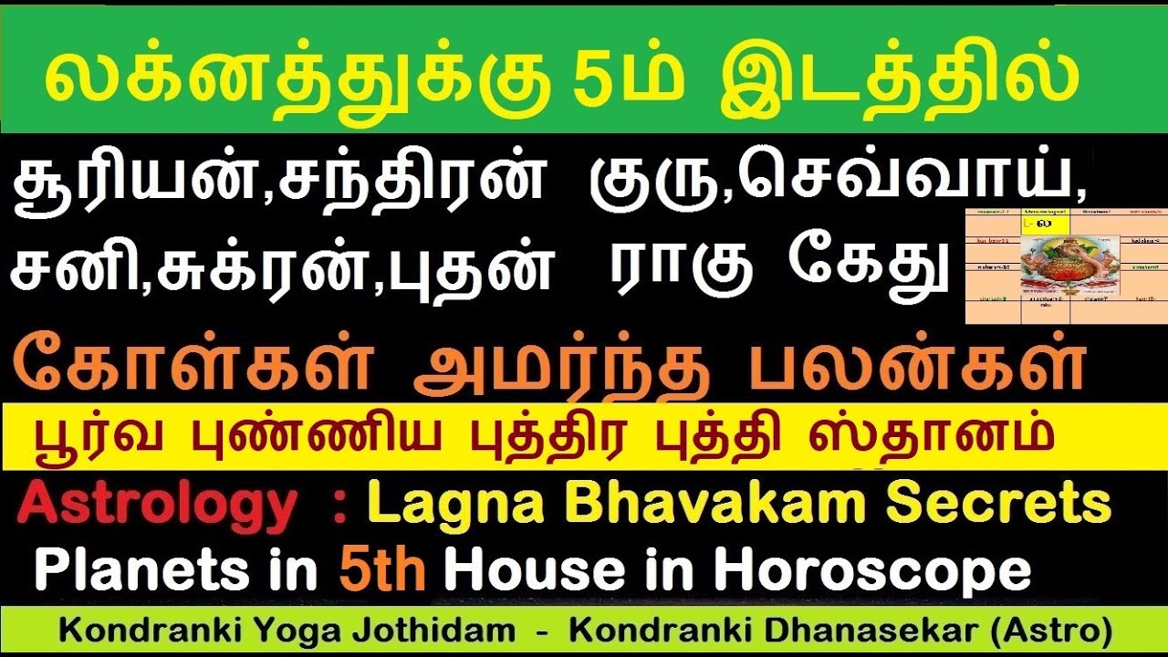 லக்கினத்துக்கு 5ம் இடத்தில் கோள்கள் அமர்ந்த பலன்கள்  | பூர்வ புண்ணிய ஸ்தானம் | Planets in 5th house
