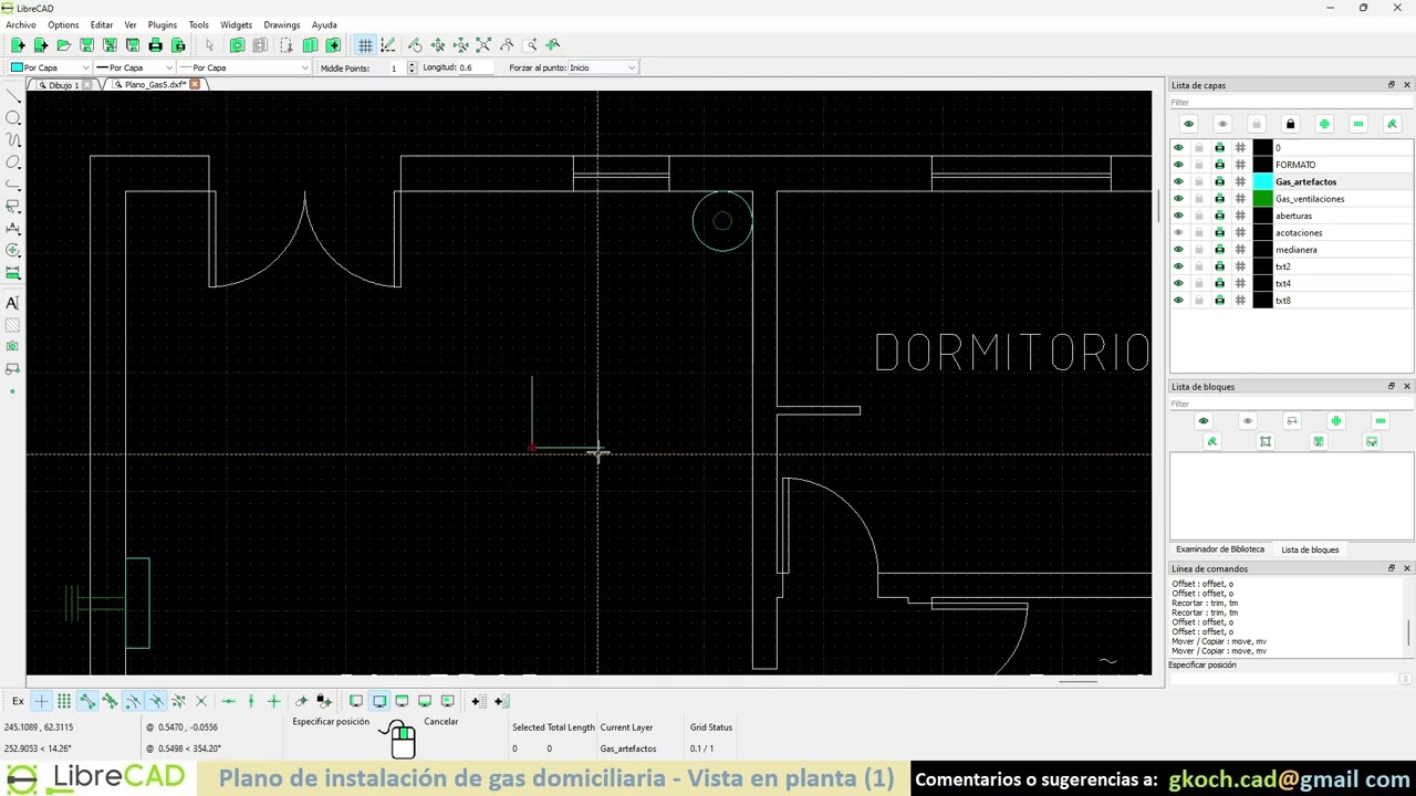 LibreCAD - Plano de instalación domiciliaria de gas, primera parte: dibujo de artefactos
