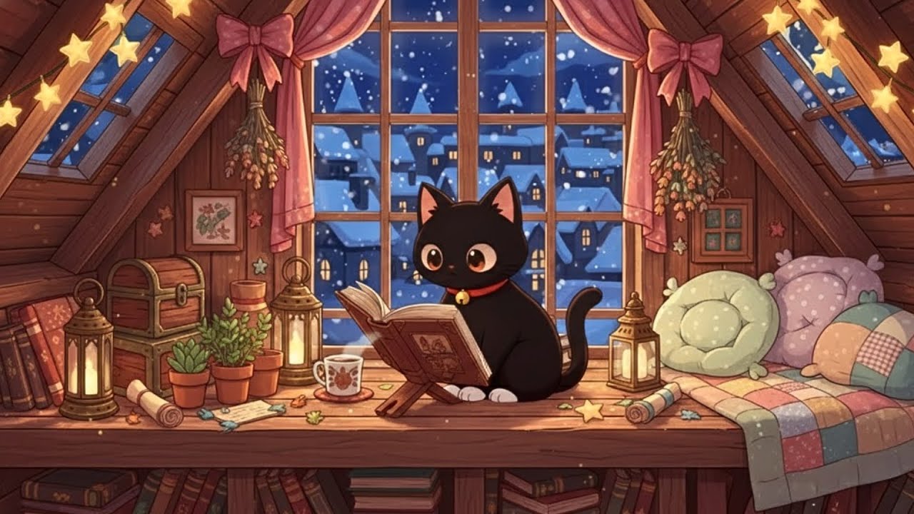 Kitty's Cat Cozy Night Reading in Cozy Attic 📚 Winter Lofi Jazz ❄️ Relaxing Music to Calm & Sleep