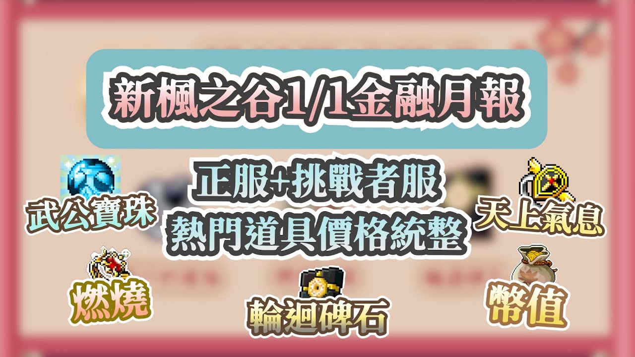 新楓之谷1/1金融月報 正服+挑戰者服熱門道具價格統整，武公寶珠、天上氣息、幣值、燃燒戒指、輪迴碑石