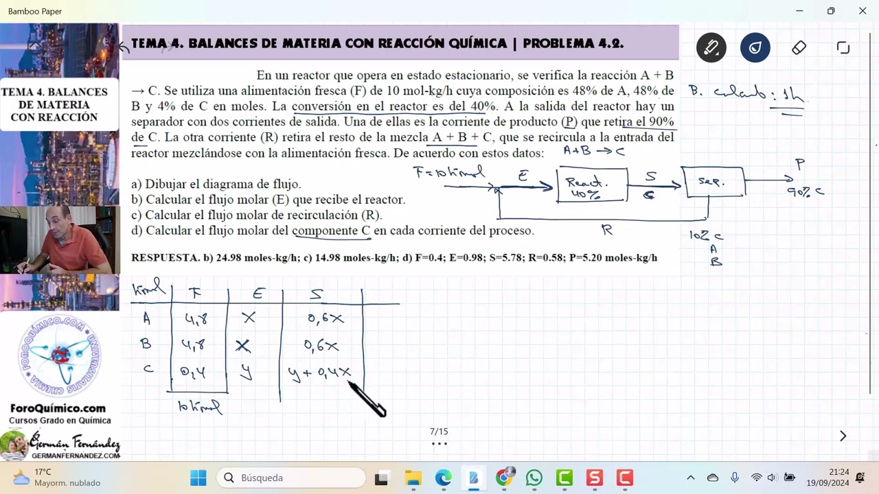 TEMA 4. BALANCES DE MATERIA CON REACCIÓN | EJERCICIO 4.2 REACTOR SEPARADOR CON RECIRCULACIÓN Y PURGA