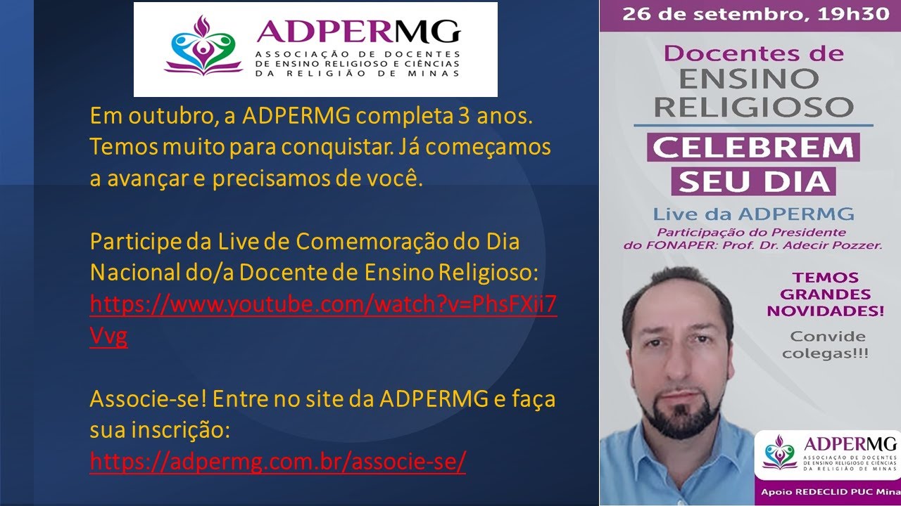 Dia 26 de setembro - Docente de Ensino Religioso celebre seu dia - ADPERMG