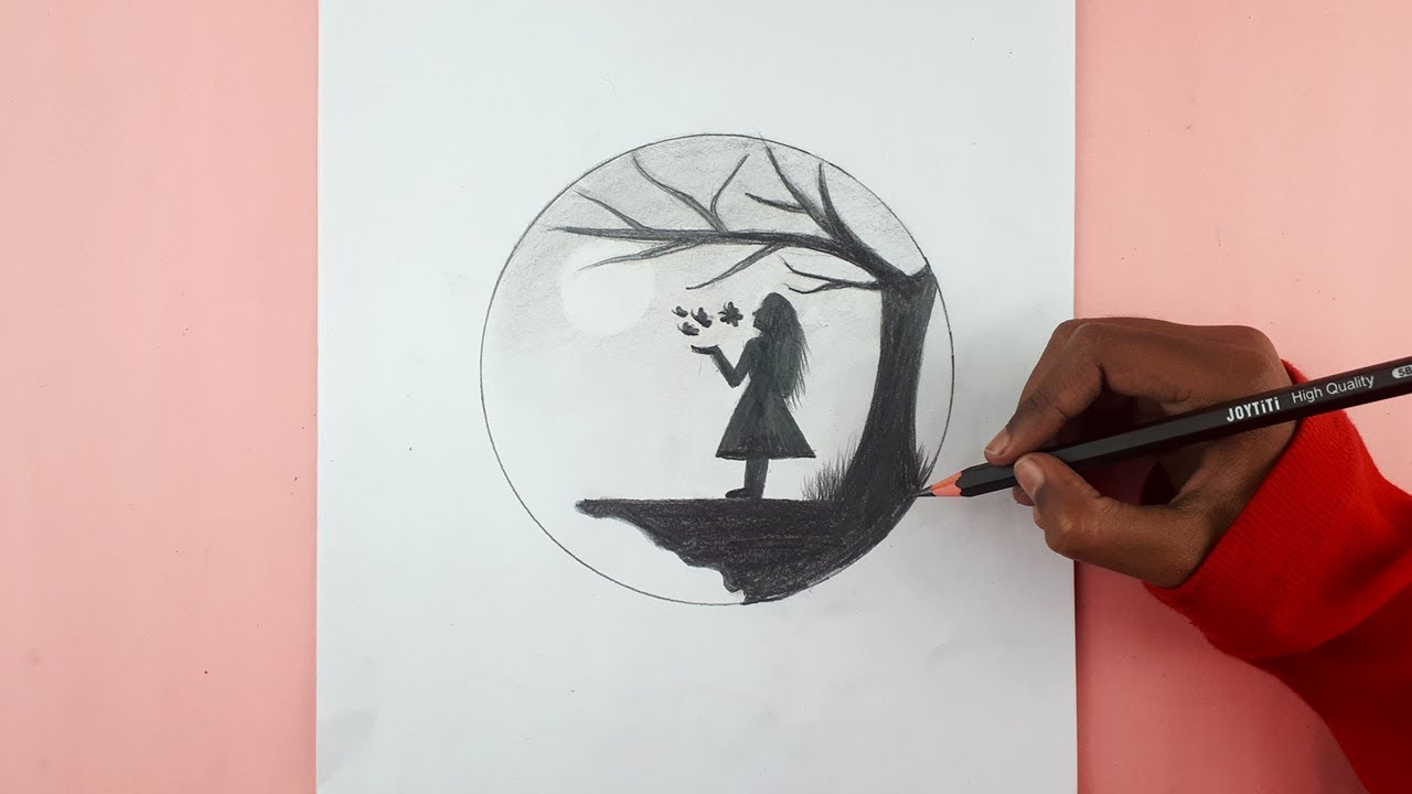 How to draw a girl with Butterfly in Moonlight for beginners || Moonlight scenery pencil drawing