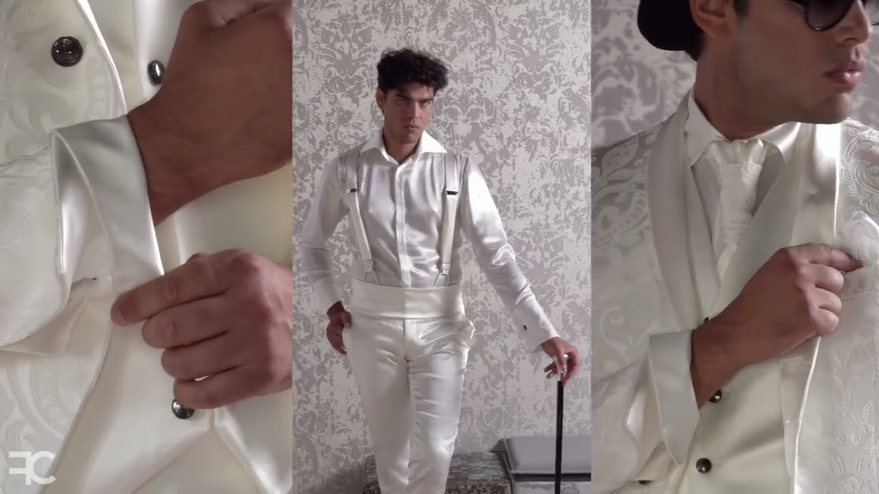 Groom’s suit  José S. in white damask Cleofe Finati menswear| What Defines an Italian Suit for Men?