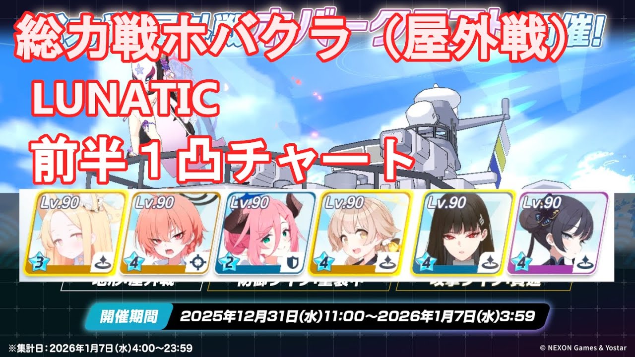 【ブルアカ】記録用　総力戦「屋外戦・ホバクラ」LUNATIC 前半1凸目チャート【ブルーアーカイブ】
