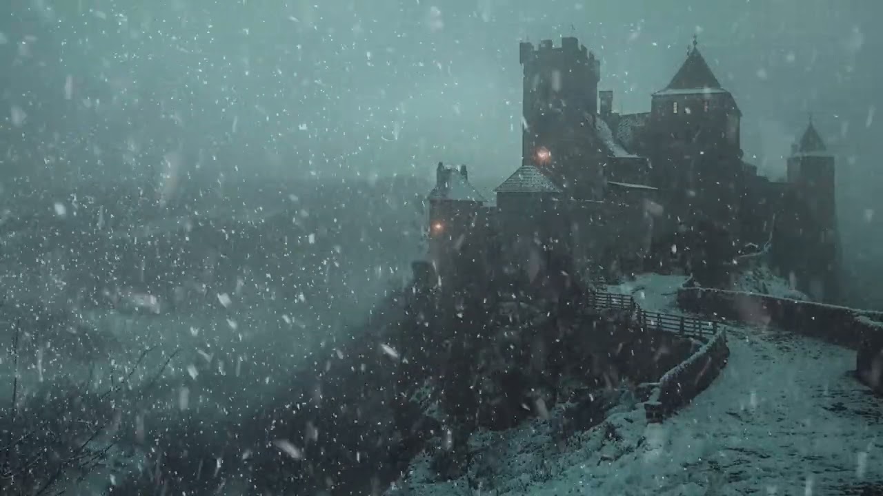 Snowstorm Sounds and Howling Winds in Old Castle at Night. Cold Blizzard Ambience in Snowy Mountains