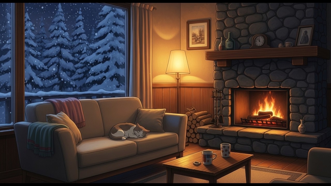 Warm Fireplace with Snow Falling Outside ❄️ Relaxing Winter Lofi for Sleep & Calm Nights