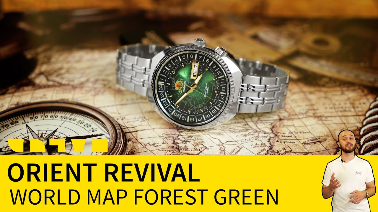 Японские механические часы Orient World Map Forest Green