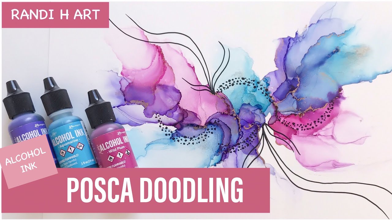 Drawing/doodling with black POSCA MARKER on beautiful, wispy and colorful Alcohol ink art [61]