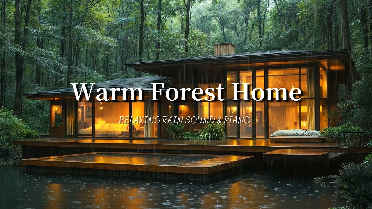 Relaxing Piano & Rain at Night | Warm Forest Cabin Ambience for Stress Relief