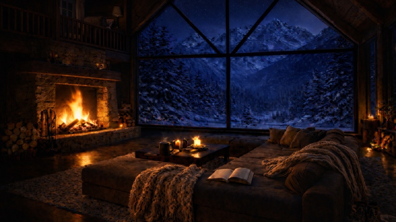 Cozy Winter Cabin Night with Fireplace Crackles & Blizzard Sounds