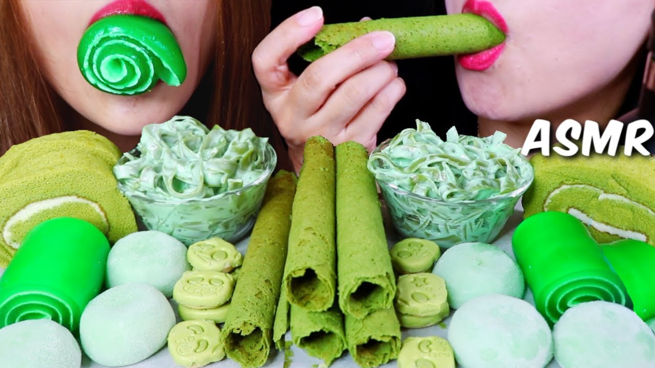 ASMR GREEN FOODS (ROLL CAKES, MOCHI, JELLY ROLLS, FETTUCCINE ALFREDO) 리얼사운드 먹방 | Kim&Liz ASMR
