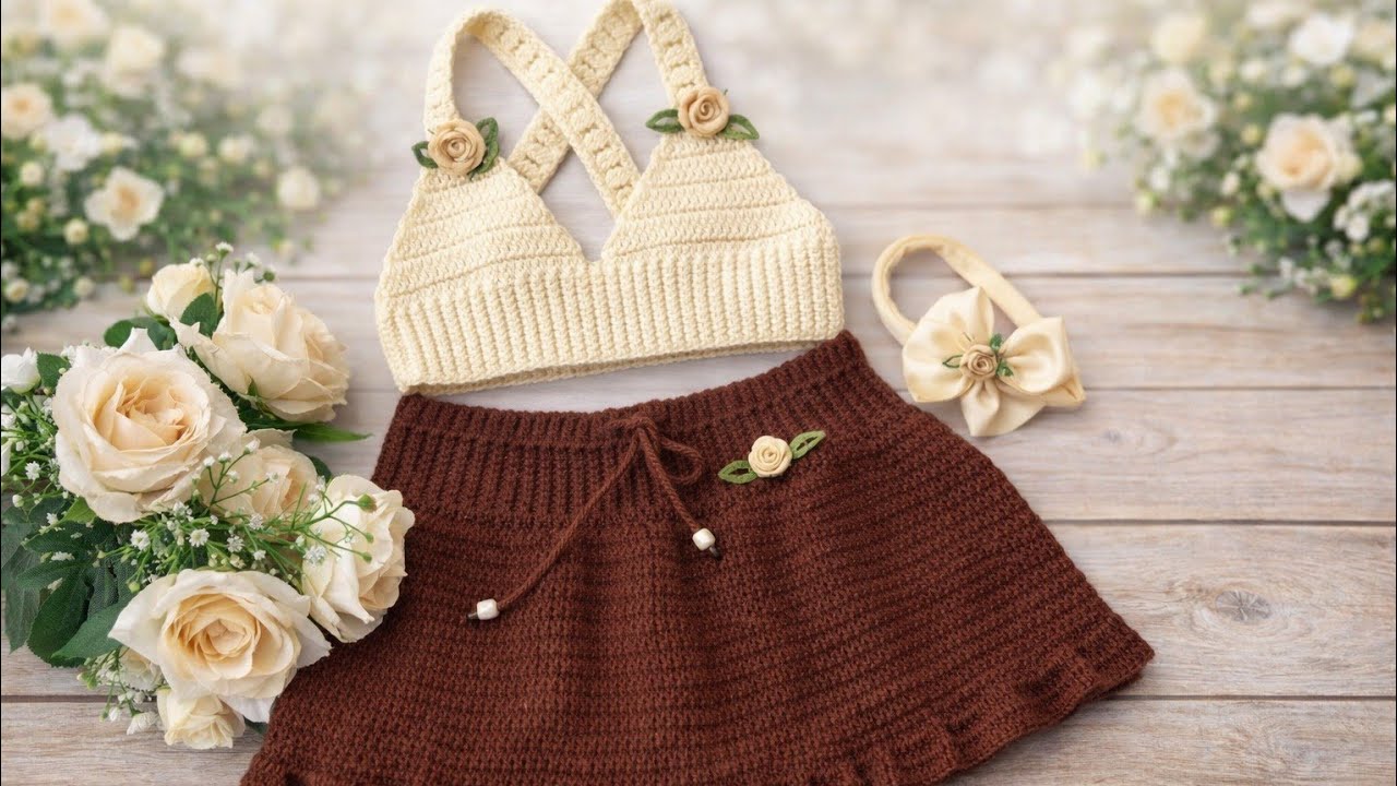 طقم كروشيه بناتي أنيق بلوزة وتنورة خطوة خطوة #babycrochet  Handmade Crochet Girls Set