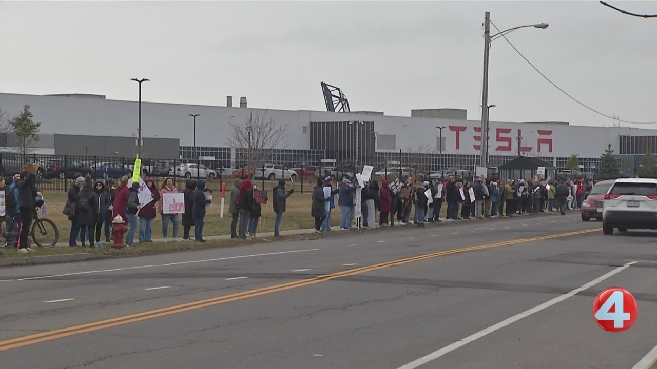 Protestors gather at Buffalo Tesla Showroom
