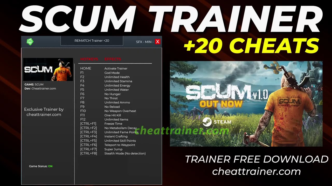 SCUM Trainer Cheats +20 - God Mode, Unlimited Items, Freeze Time