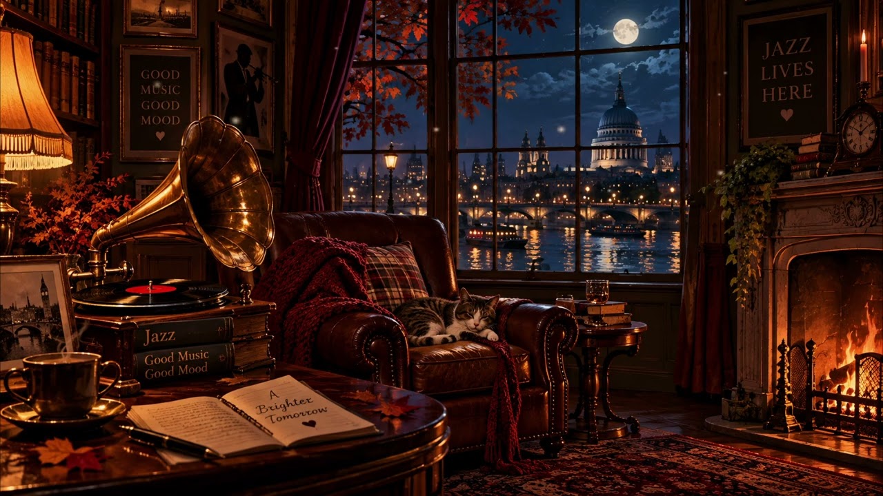 Cozy 1930s London Night 🔥 Oldies Playing in Another Room | Vintage Jazz, Fireplace Ambience & Relax