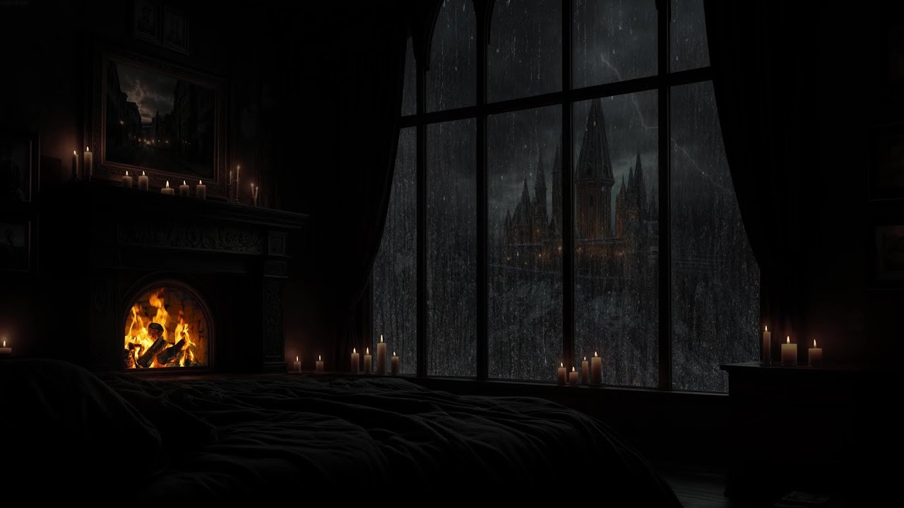 😴 NO ADS | Gothic Castle Bedroom | Heavy Rain & Fireplace Sleep Sounds