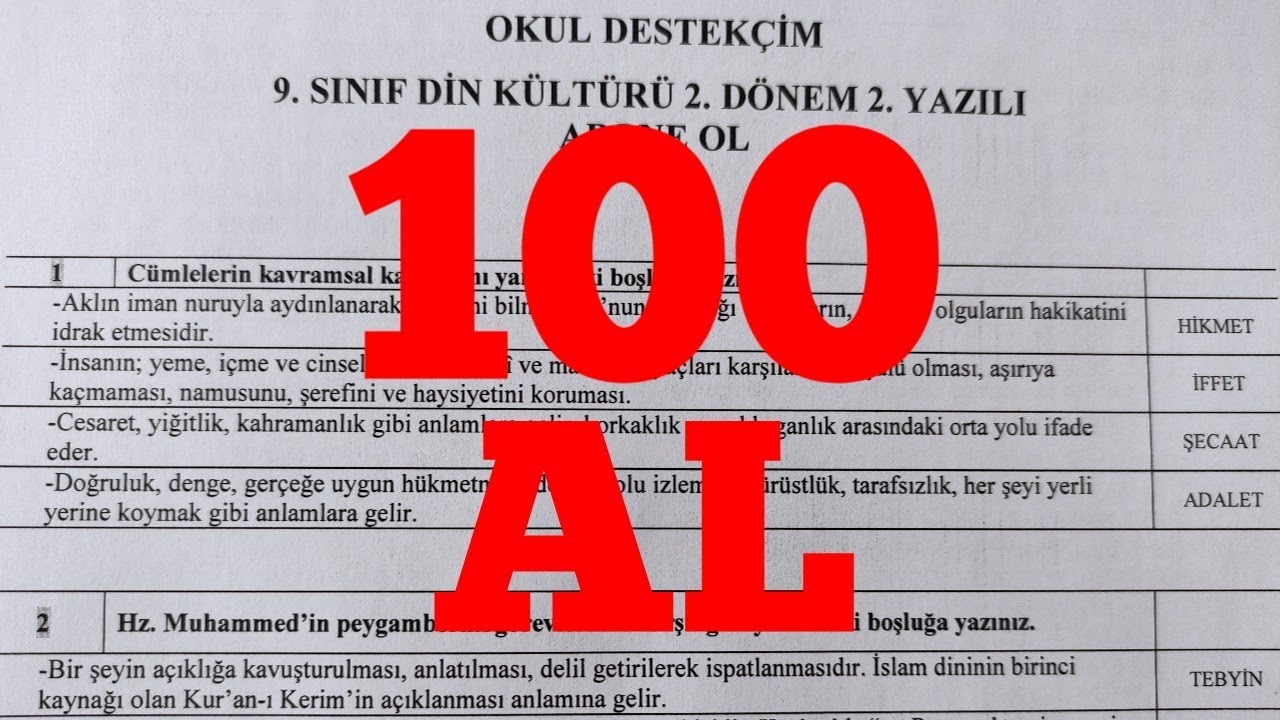 9. Sınıf Din Kültürü 2. Dönem 2. Yazılı