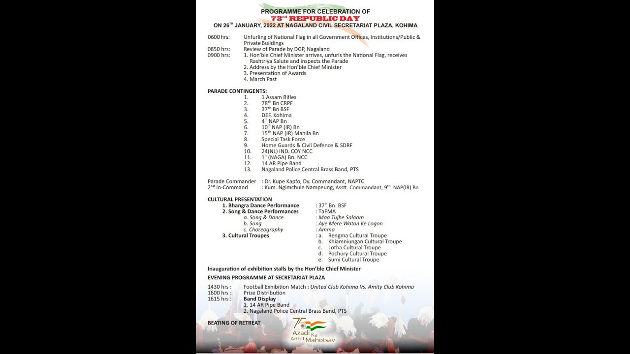 73rd Republic Day on 26th January, 2022 at Nagaland Civil Secretariat Plaza, Kohima