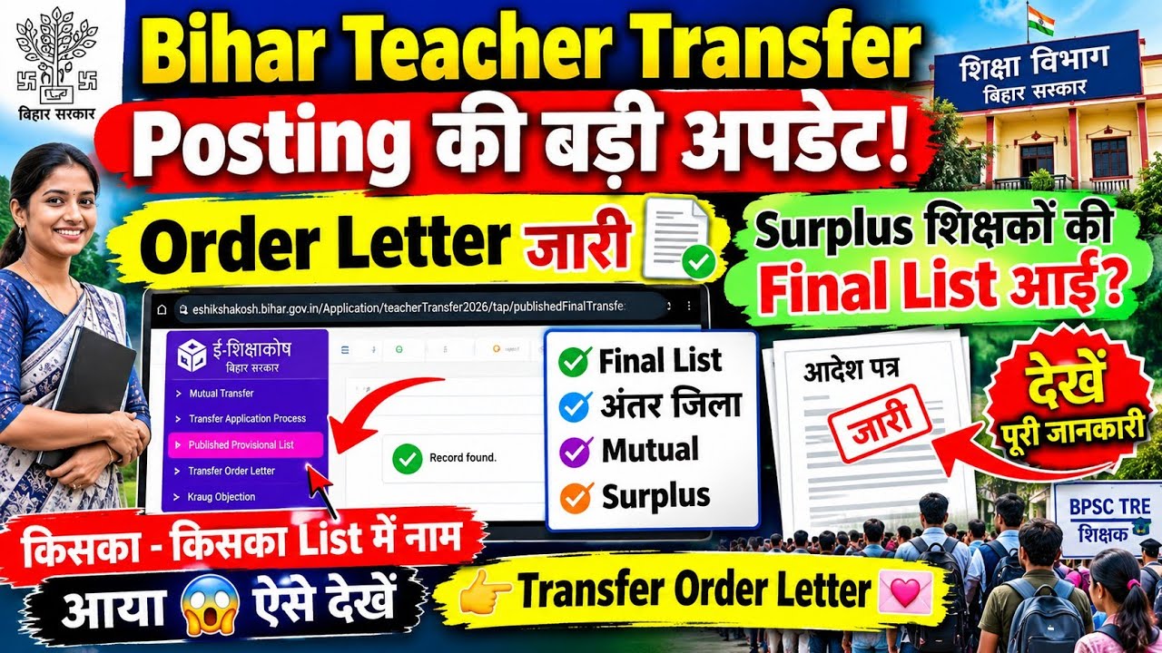 🚨Bihar Teacher Transfer Posting: Order Letter जारी! Surplus शिक्षकों की Final List आई?Inter District