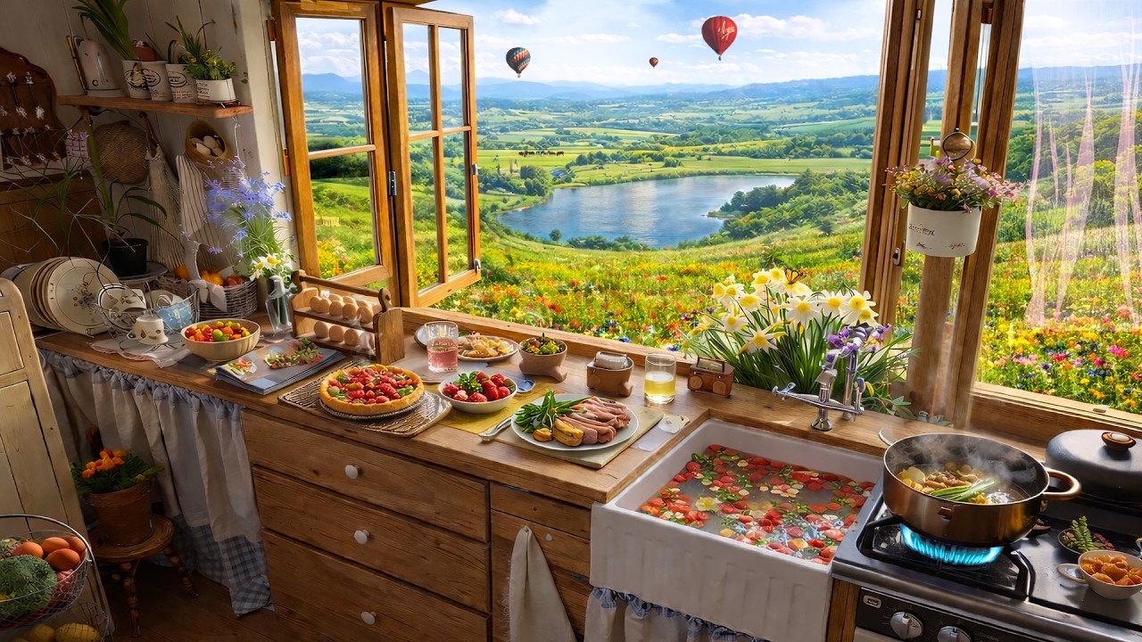 Sunny Spring Kitchen Ambience 🌼 Lake & Wildflower Meadow View | Cooking Sounds &Gentle Nature Sounds
