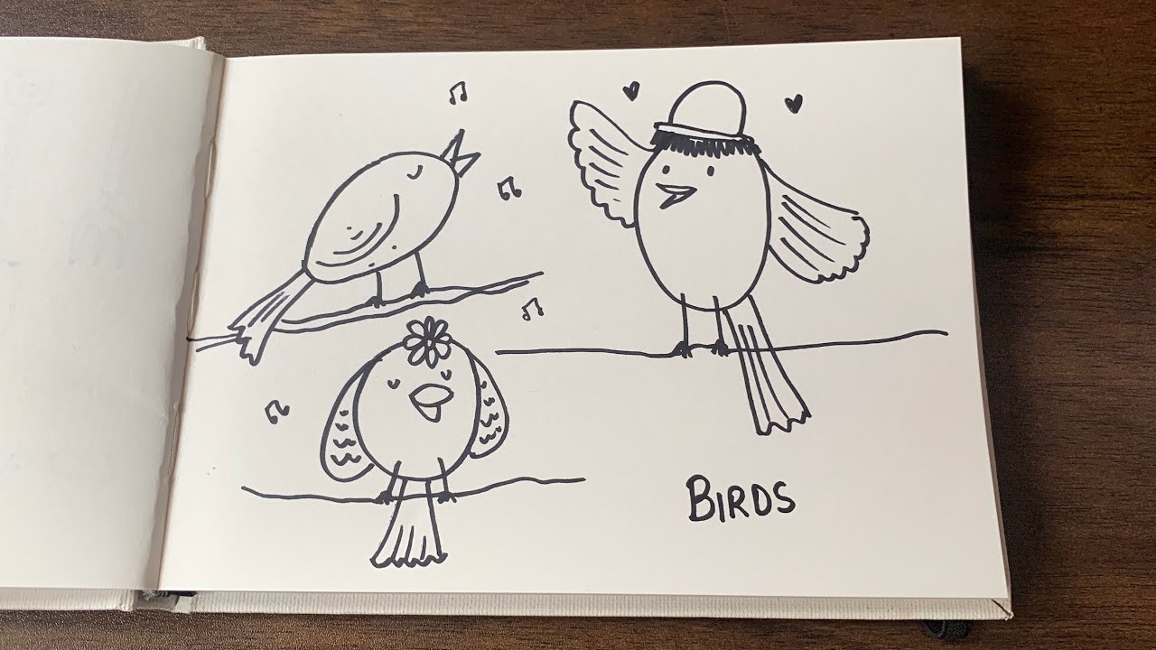 How to draw cute cartoon doodle birds singing and dancing step by step for beginners and kids