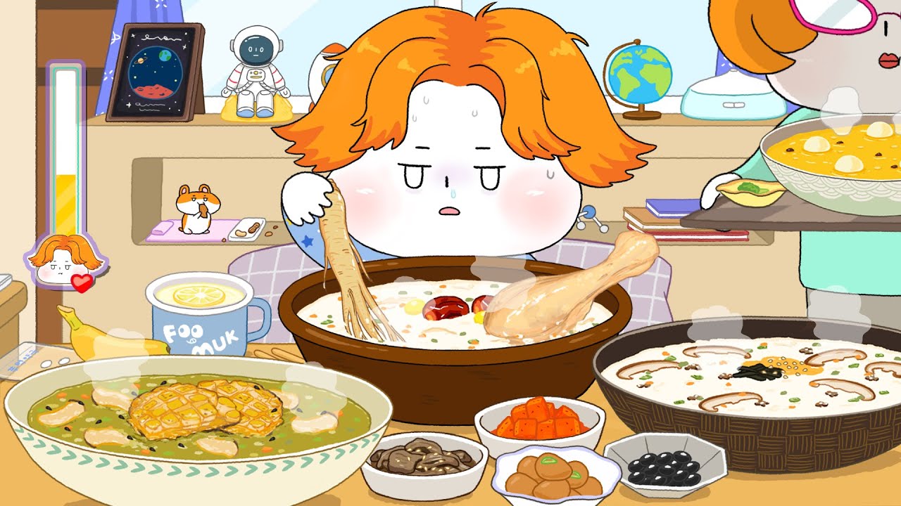 아픈 날, 하루 종일 죽 먹방 (전복죽,닭죽,소고기죽) 애니먹방/ Porridge Mukbang /Animation ASMR /foomuk