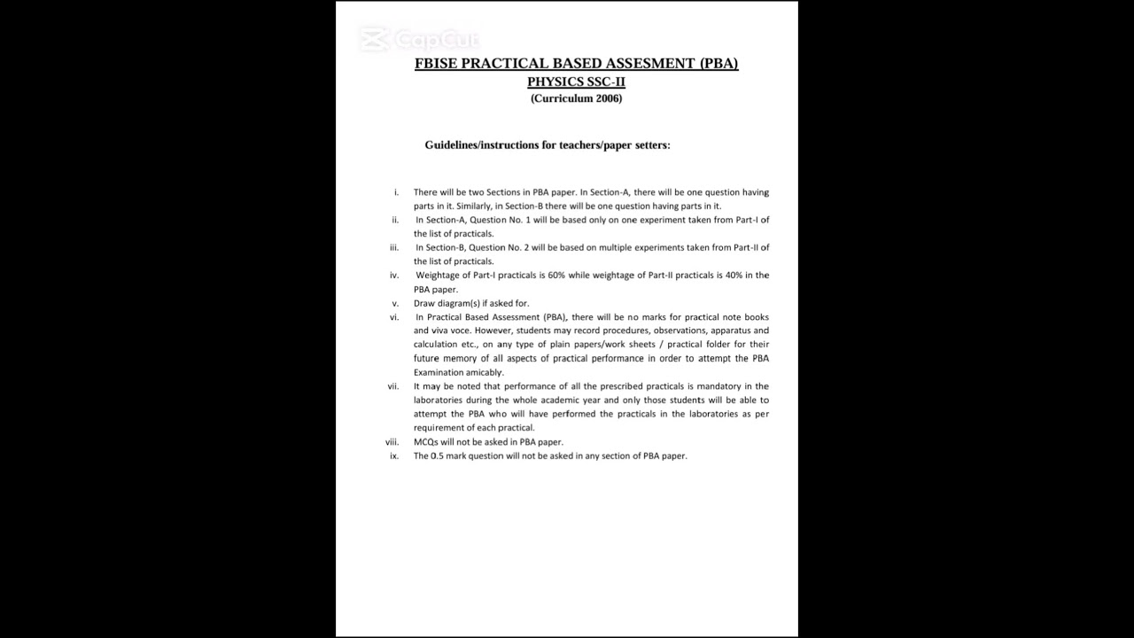 Fbise 10th Class (SSC-ll) Physics Practical Based Assessment List and Curriculum (PBA)2025