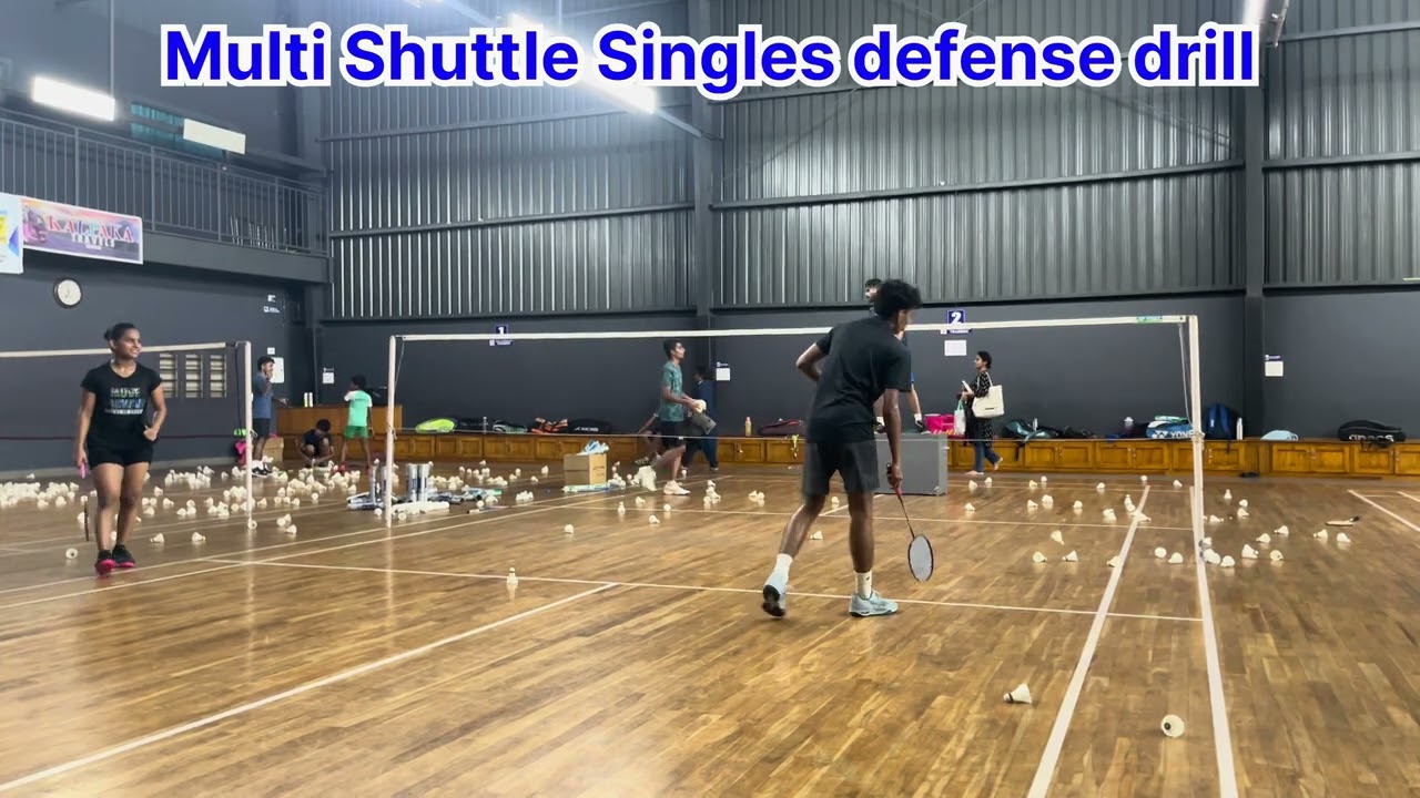 Badminton multi shuttle singles defense practicing