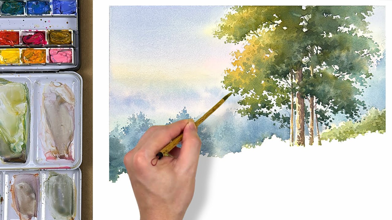 Watercolor Painting Nature's Beauty: Trees, Flowers, and Winding Path
