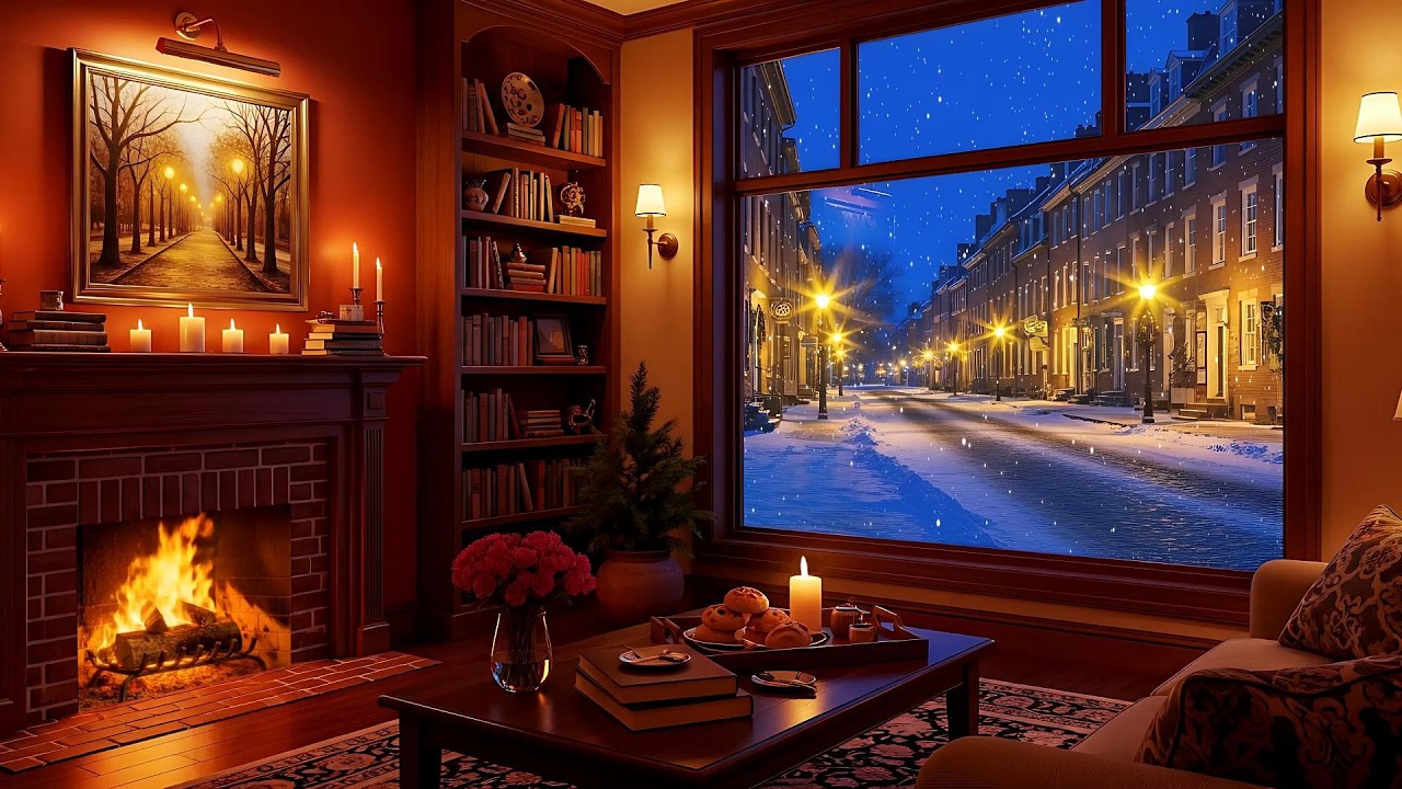 Warm Fireplace Jazz Music ❄️🔥Cozy Winter Cabin Ambience with Smooth Jazz and Gentle Snowfall