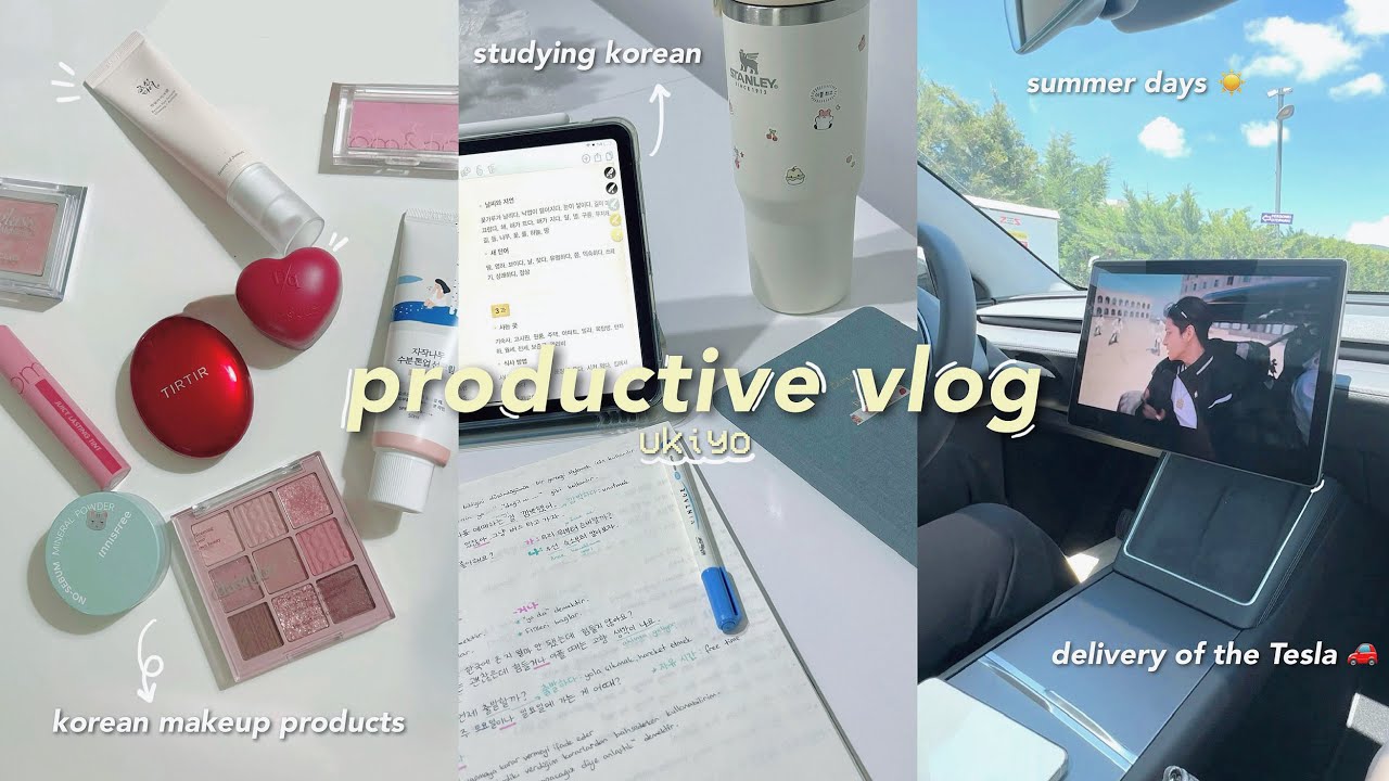 productive vlog .⊹♡˖🎐 studying korean 💌, delivery of the Tesla, getting ready, silent vlog and more