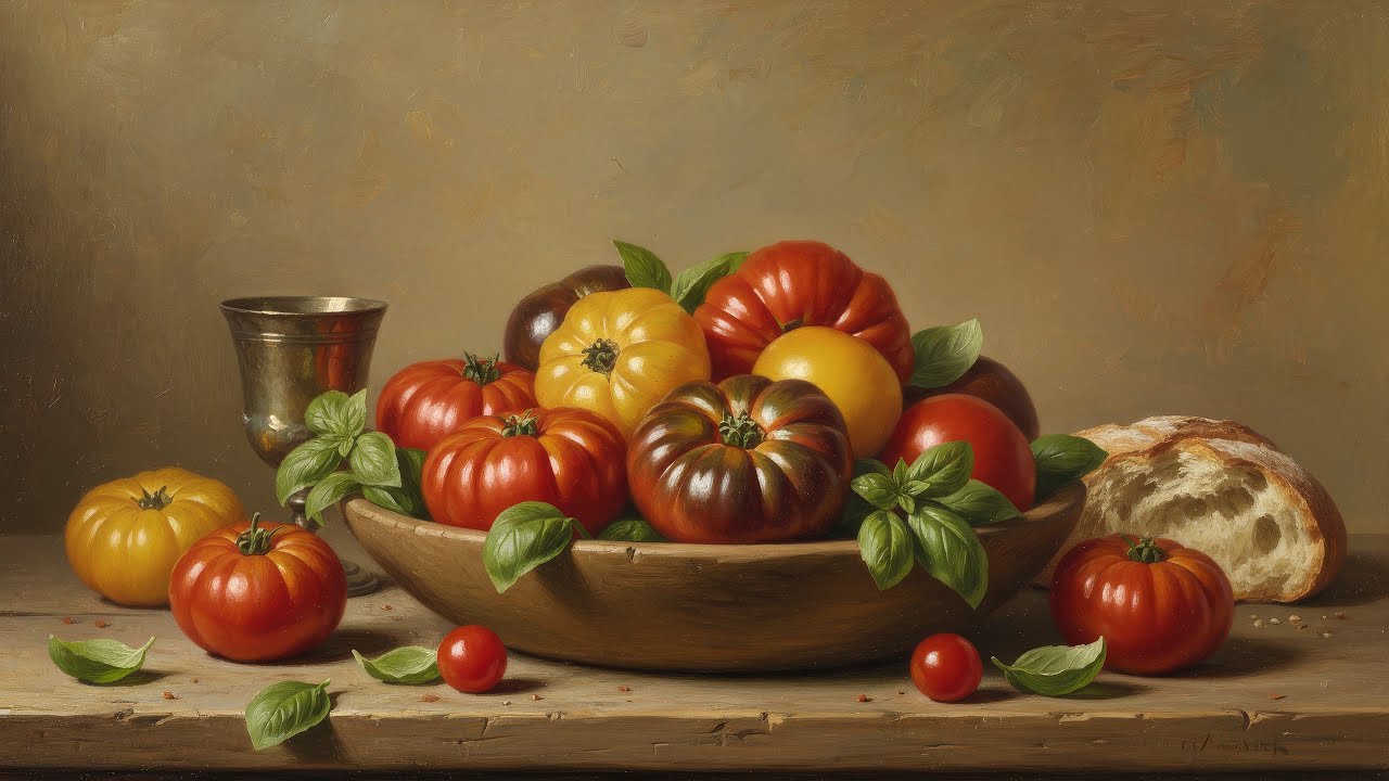 Samsung Frame TV Art - Heirloom Tomatoes & Fresh Basil Still Life - Vibrant Harvest
