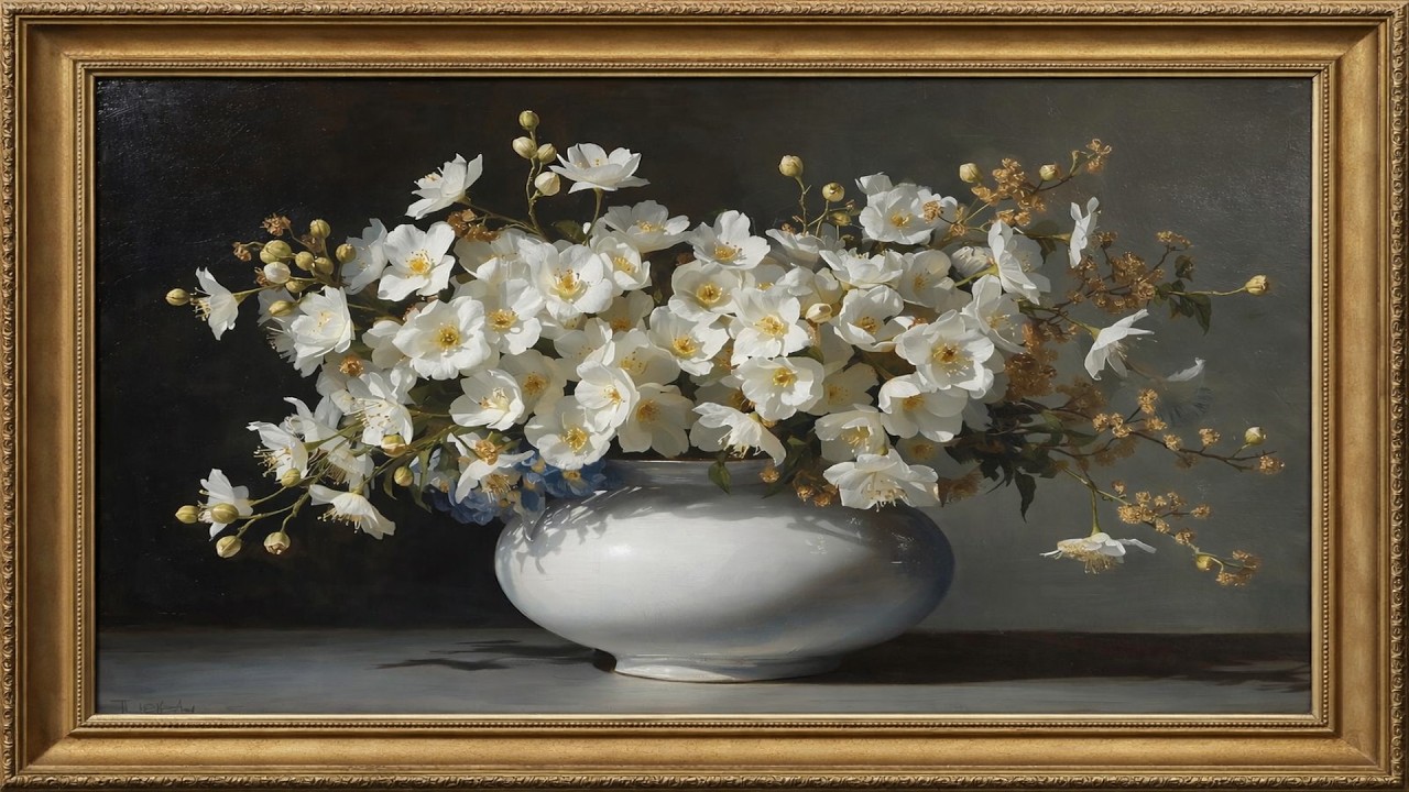 Timeless White Blossoms in Golden Frame | Elegant Floral Wall Art for Calm & Luxury Ambience (4K)