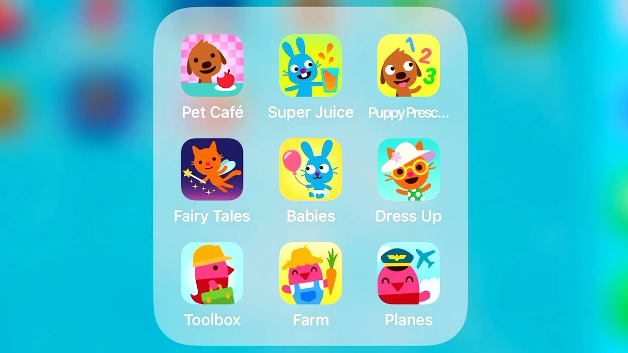 Sago Mini Pet Cafe,Super Juice,Puppy Preschool,Fairy Tales,Babies,Dress Up,Toolbox,Farm,Planes