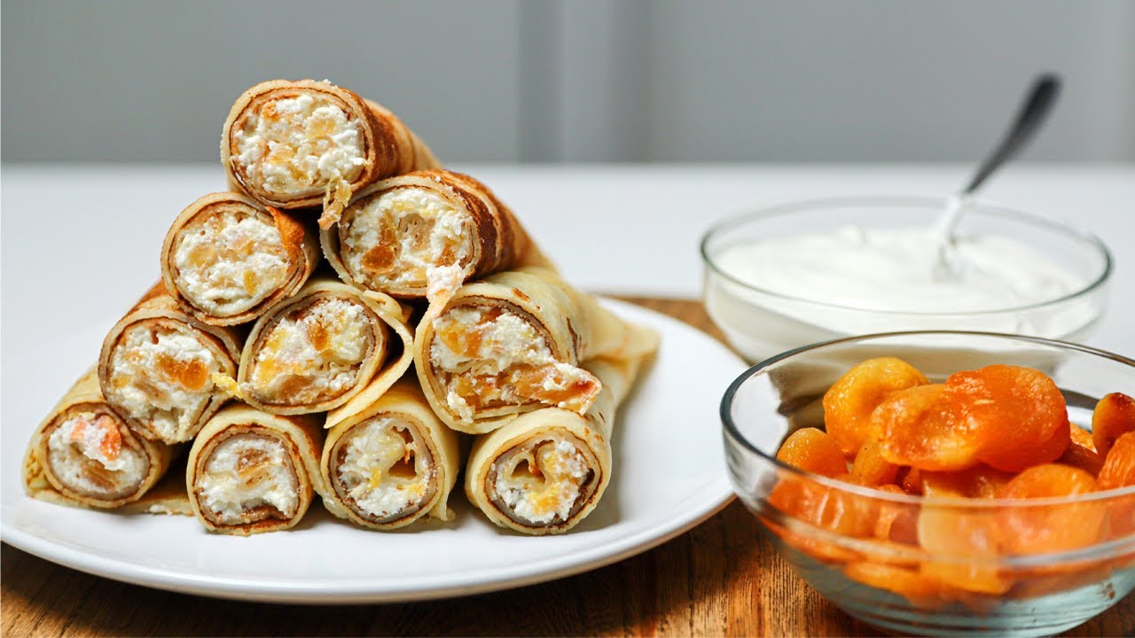 ТОНКИЕ БЛИНЫ на масленицу с творогом и курагой. СЛАДКИЕ БЛИНЧИКИ с начинкой из творога и кураги.