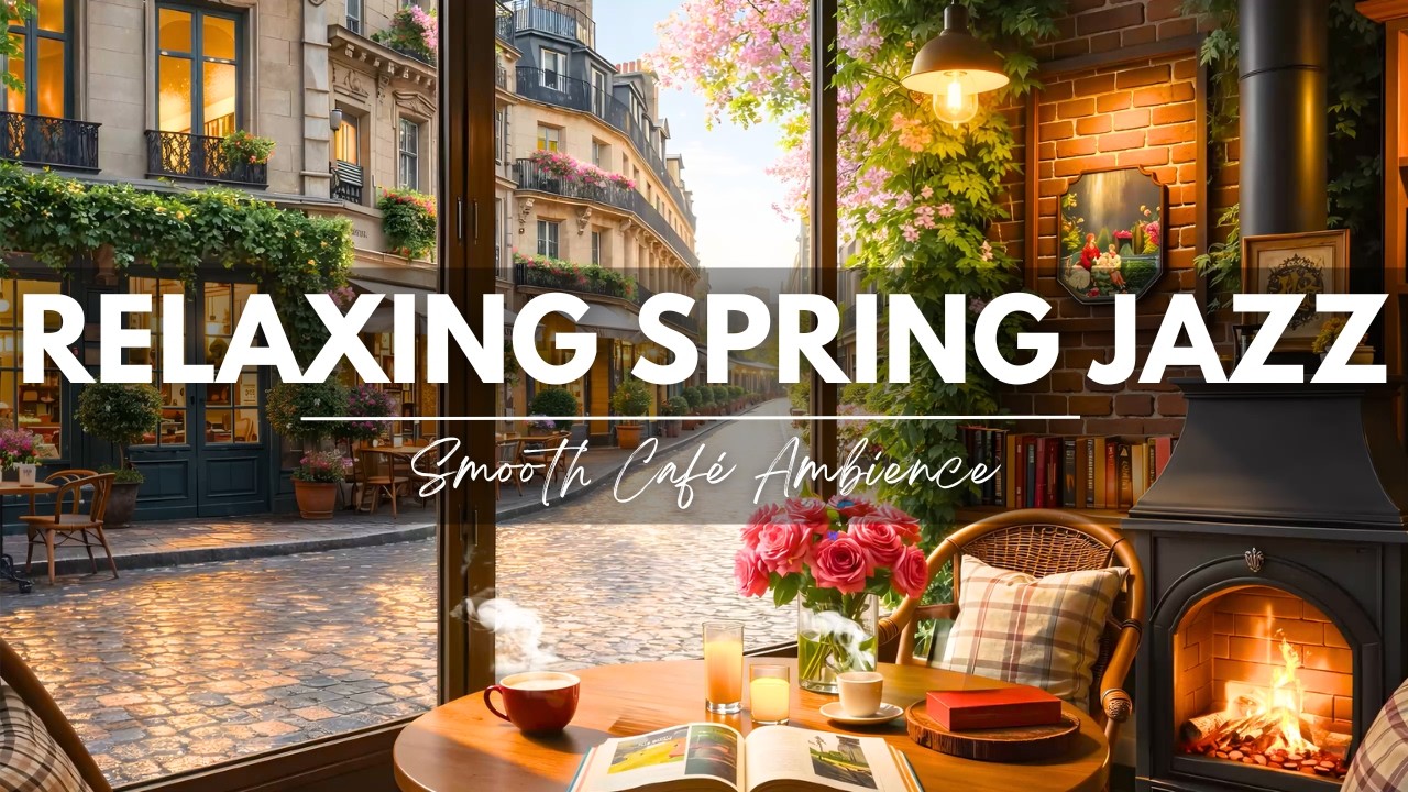 Relaxing Spring Coffee Shop Jazz for Work 🌿 Smooth Jazz Background Music & Crackling Fireplace