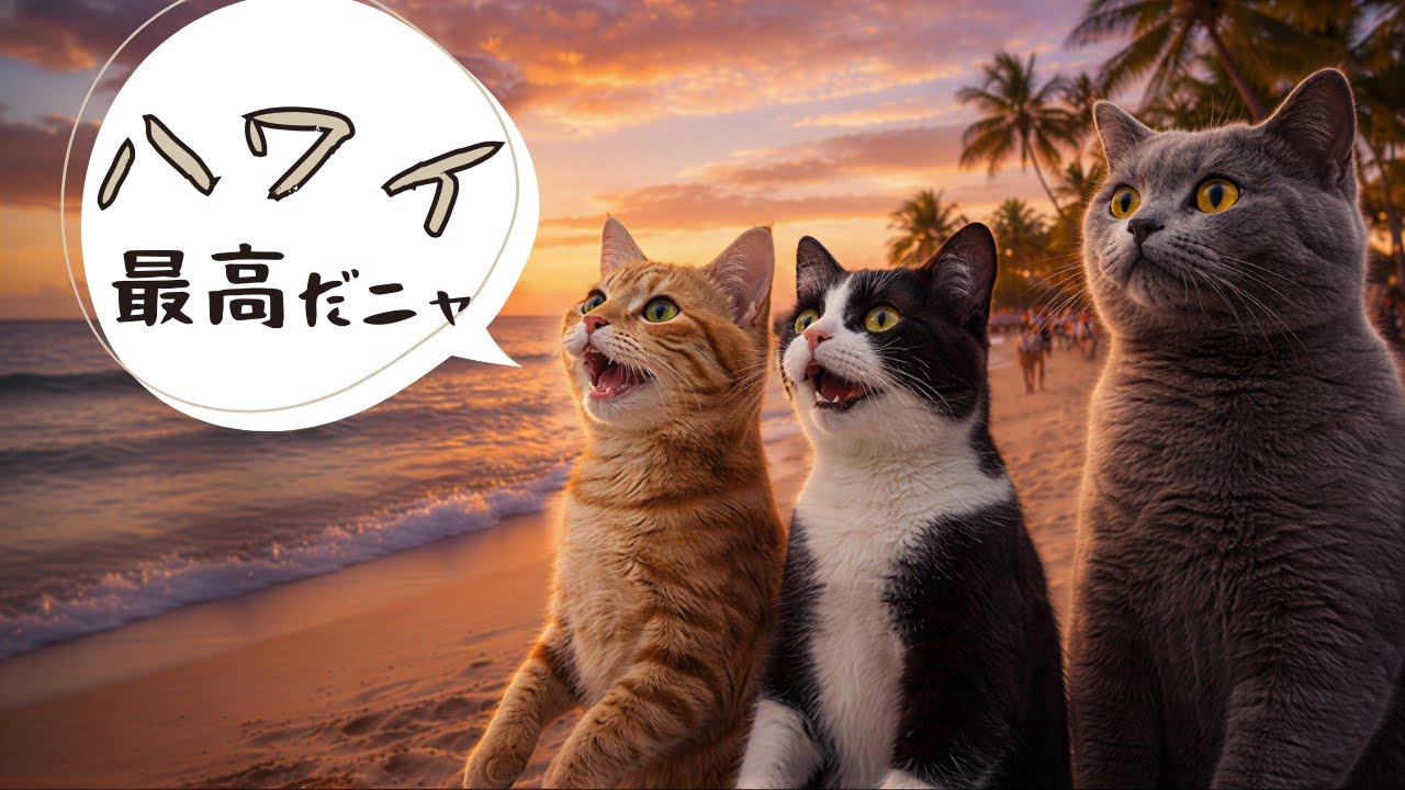 もふもふ猫日和「ハワイ旅行大当たり！オアフ島１日目」#猫動画 #ハワイ #福引#ワイキキビーチ #猫旅#サーフィン #イルカ #ザトウクジラ#パラセーリング #夕日#Cats#Hawaii