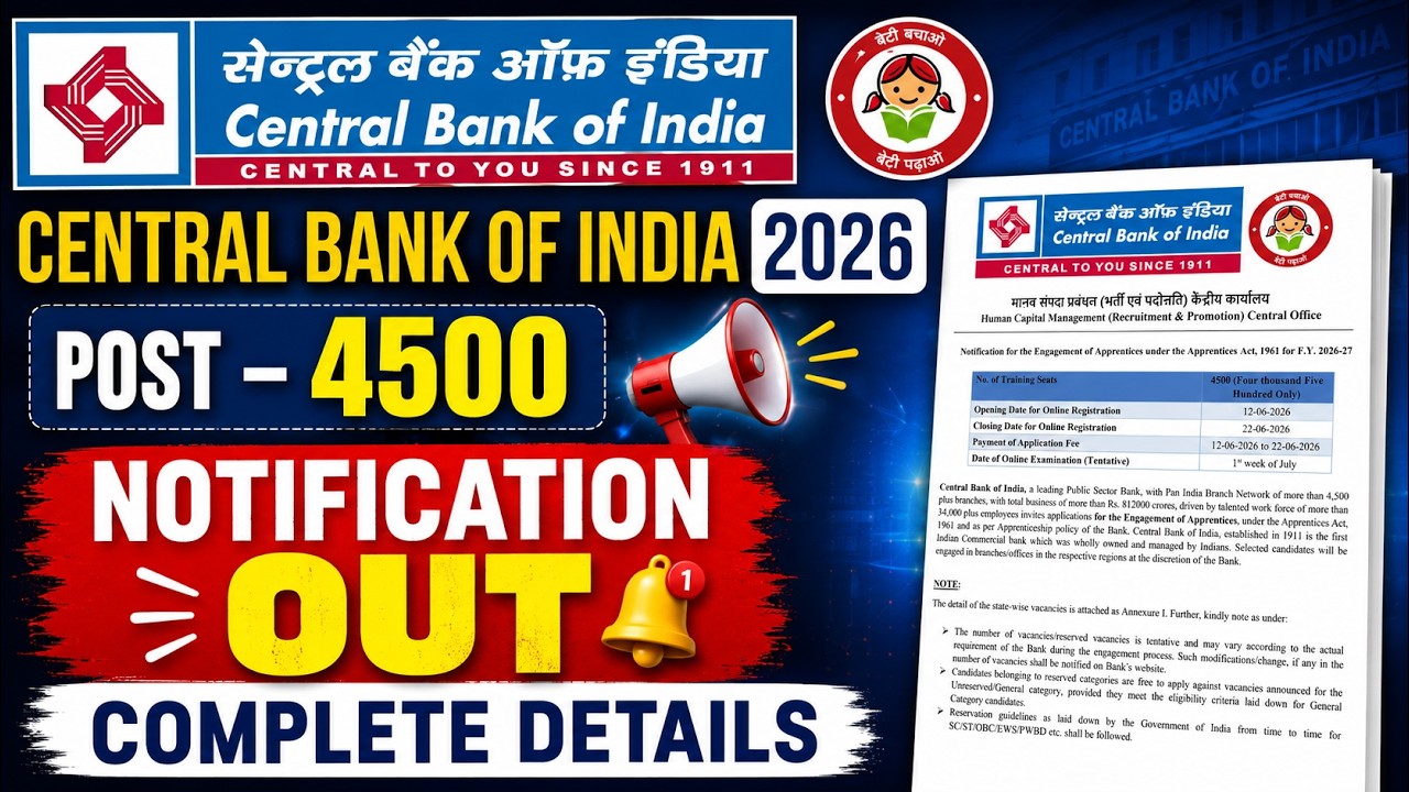 Central Bank of India Notification Out 2026 | 4500 Vacancy | Notification, Eligibility & Exam Date