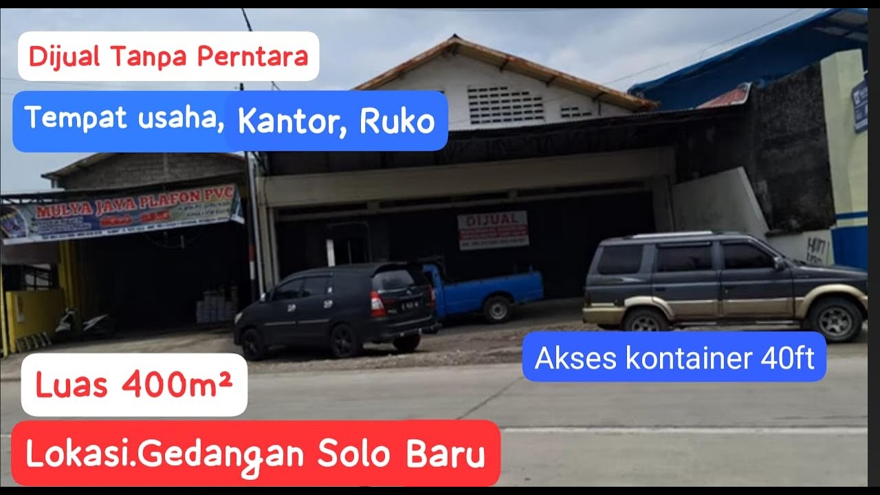 Dijual Tempat usaha legalitas SHM IMB. Luas 400m². Harga 8jt/m. ( 3,2M ) lokasi Gedangan Solo baru