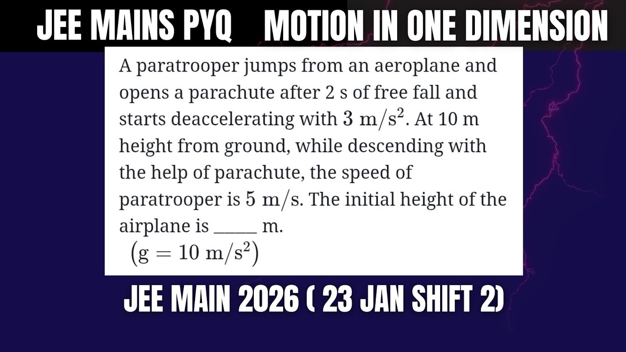 JEE Main 2026 : A paratrooper jumps from an aeroplane and opens a parachute after 2 s of free fall 