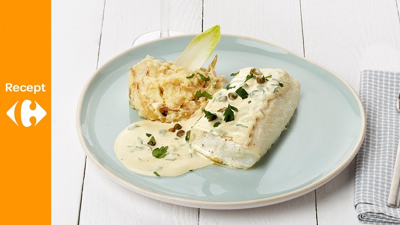 Schelvisfilet met witloofstoemp, mosterdsaus en kappertjes