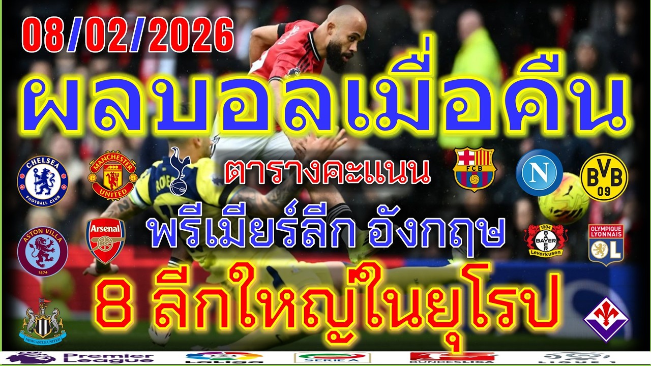 ผลบอลเมื่อคืน/พรีเมียร์ลีก/ลาลีกา/เซเรียอา/บุนเดสลีกา/ลีกเอิง/แชมเปี้ยนชิพ/ตารางคะแนน/8/2/2026