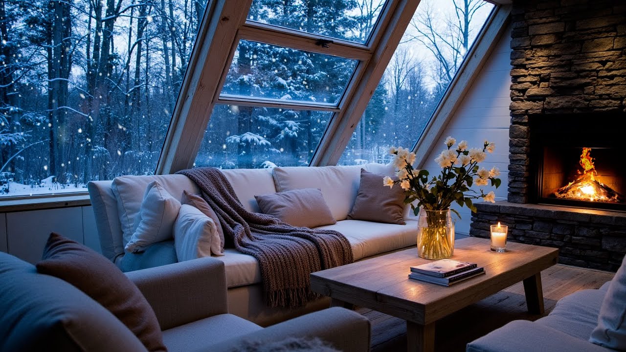 🎹❄️ Soft Winter Piano in a White Room by the Snowy Window & Fireplace for Late Night Thoughts